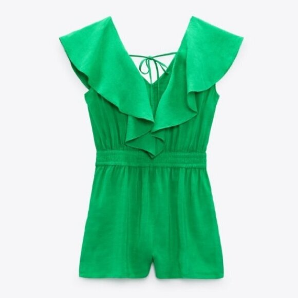 ZARA Green Linen / Viscose Ruffle Elastic High Waist Playsuit / Romper Size M - Picture 6 of 10
